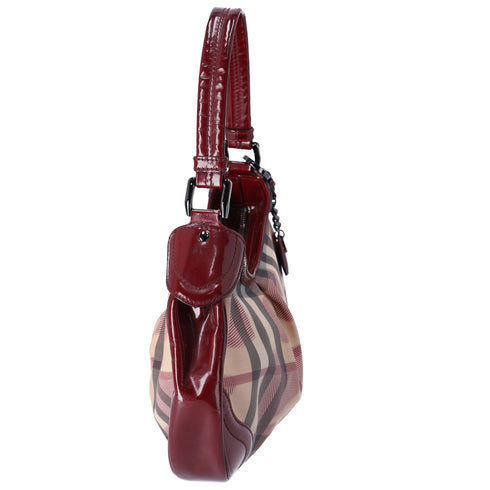 Burberry Nova Check Heart Half Moon Shoulder Bag Bordeaux Beige Multi